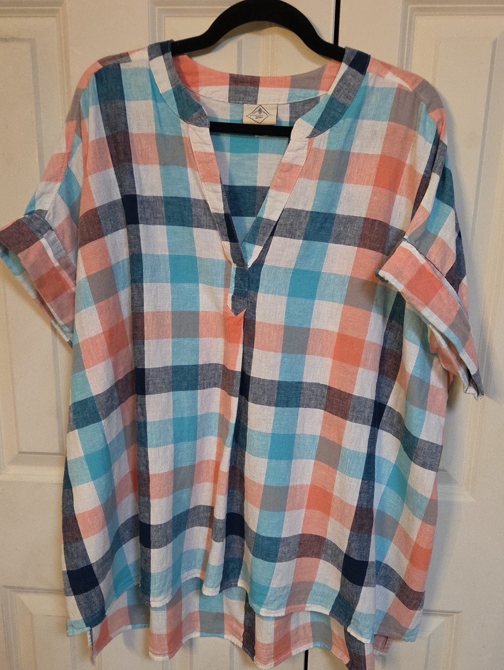 St. John's Bay Coral, Teal & Navy Plaid Short-Sleeve Tunic